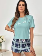 Ensemble de Pyjama Doux et Confortable avec Motif Lettre et Carreaux à Nœud