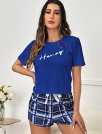 Ensemble de Pyjama Doux et Confortable avec Motif Lettre et Carreaux à Nœud