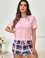 Ensemble de Pyjama Doux et Confortable avec Motif Lettre et Carreaux à Nœud